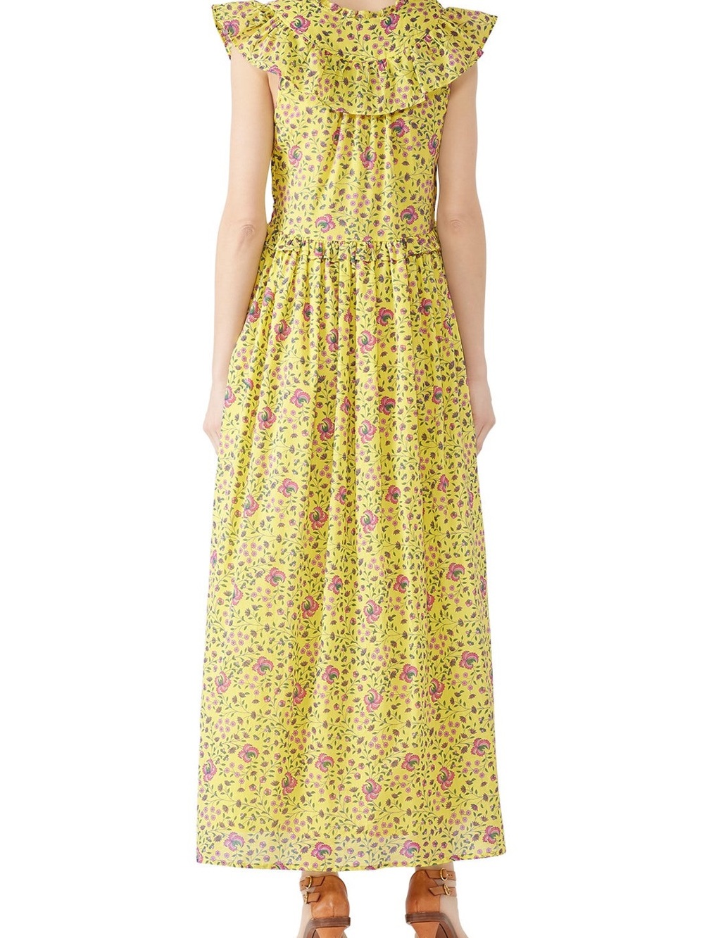 Banjanan Yellow Floral Maxi Dress with Ruffle V-Neck 100% COTTON - Picture 4 of 7